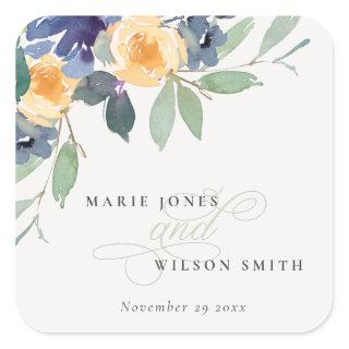 Cheerful Yellow Blue Floral Watercolor Wedding Square Sticker