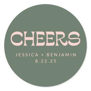 Cheers Groovy Pink Green Custom Names Wedding  Classic Round Sticker
