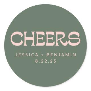 Cheers Groovy Pink Green Custom Names Wedding  Classic Round Sticker