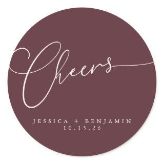 Cheers Minimal Burgundy Script Custom Wedding Classic Round Sticker