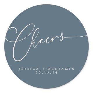 Cheers Minimal Dark Blue Script Custom Wedding Classic Round Sticker