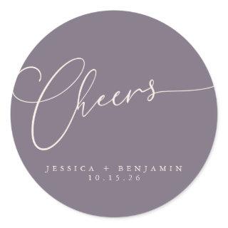 Cheers Minimal Dusty Purple Script Custom Wedding Classic Round Sticker