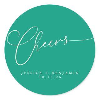 Cheers Minimal Emerald Script Custom Wedding Classic Round Sticker