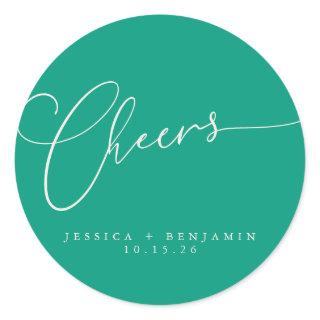 Cheers Minimal Emerald Script Custom Wedding Classic Round Sticker