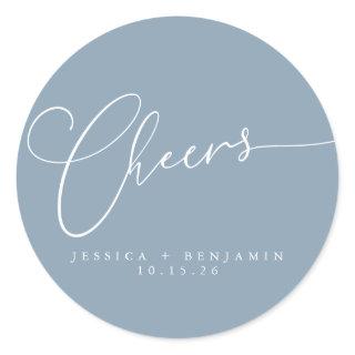 Cheers Minimalist Dusty Blue Script Custom Wedding Classic Round Sticker