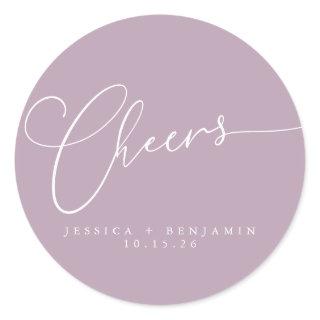 Cheers Minimalist Lilac Script Custom Wedding Classic Round Sticker