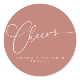 Cheers Minimalist Terracotta Script Custom Wedding Classic Round Sticker