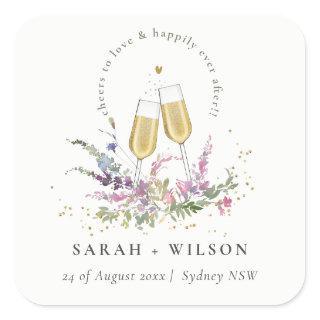 Cheers to Love Gold Wine Glasses Floral Wedding Square Sticker