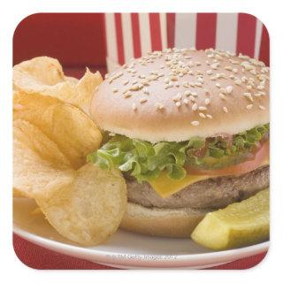 Cheeseburger with potato crisps and gherkin square sticker