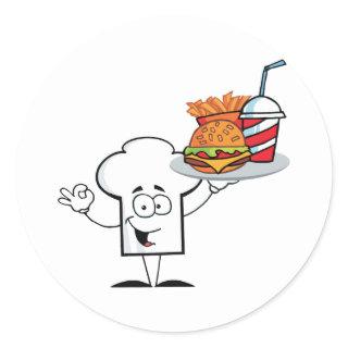 Chefs Hat Character Holder Plate Of Hamburger Classic Round Sticker