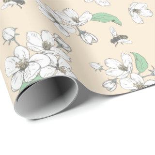 Cherry Blossoms and Bees Antique White Seamless