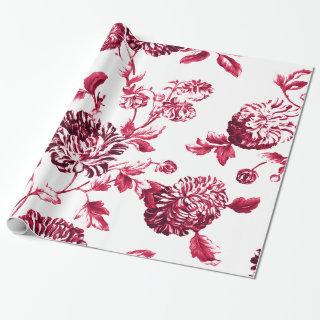 Cherry Red Vintage Botanical Floral Toile