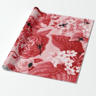 Cherry Red Vintage Botanical Floral Toile