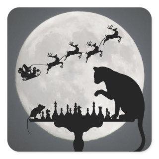 Chess Santa Full Moon Cat and Mouse Game Christmas Square Sticker