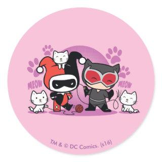 Chibi Harley Quinn & Chibi Catwoman With Cats Classic Round Sticker