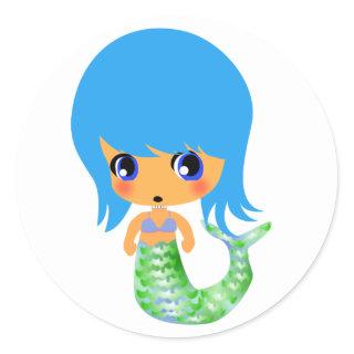 chibi magical mermaid blue hair classic round sticker