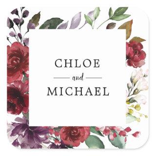 Chic and Elegant Custom Red Floral Wedding Square Sticker