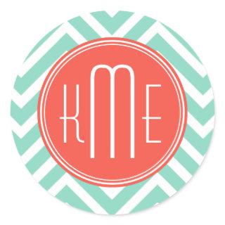 Chic Aqua Green Chevron and Orange Custom Monogram Classic Round Sticker