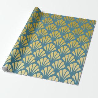 Chic Art Deco Fan Pattern Teal & Faux Gold Foil