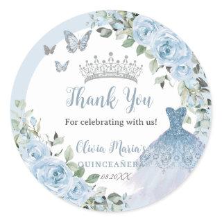 Chic Baby Blue Floral Dress Silver Quinceañera Classic Round Sticker