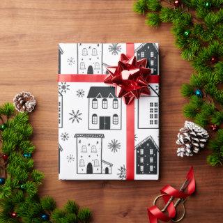 Chic Black and White Snowflakes Houses Holiday