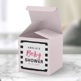 Chic Black & White Stripes Pink Baby Shower Square Sticker