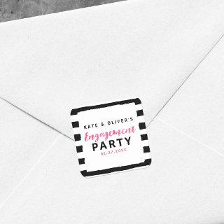 Chic Black & White Stripes Pink Engagement Party Square Sticker