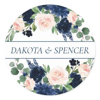 Chic Blooms | Navy Blue and Blush Pink Custom Classic Round Sticker
