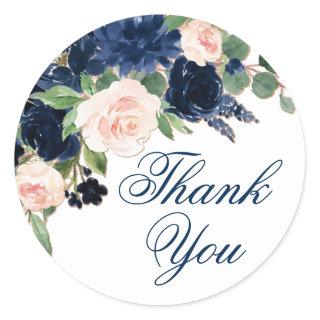 Chic Blooms | Navy Blue and Blush Thank You Classic Round Sticker