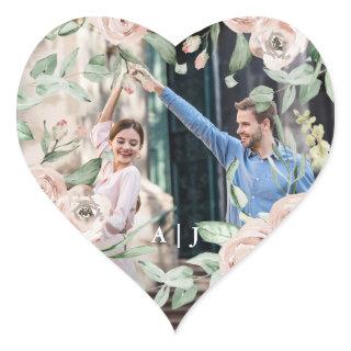 Chic Blush Floral with Monogram Photo Wedding Heart Sticker