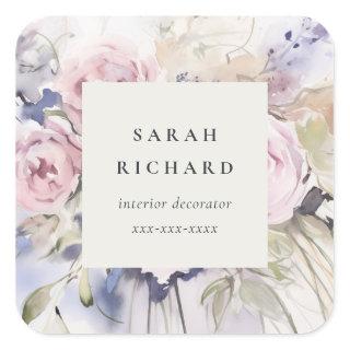Chic Blush Lilac Watercolor Rose Floral Business Square Sticker