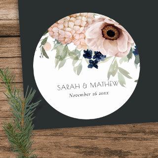 Chic Blush Navy Anemone Floral Watercolor Wedding Classic Round Sticker