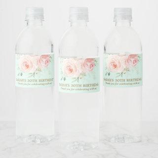 Chic Blush Pink Roses Floral Mint Birthday Party Water Bottle Label