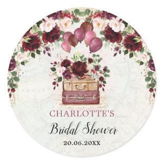 Chic Burgundy Floral Travel Bridal Shower Favors Classic Round Sticker