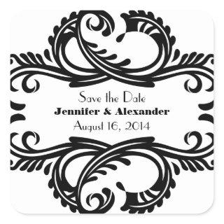 Chic Damask Save the Date Stickers, Black Square Sticker