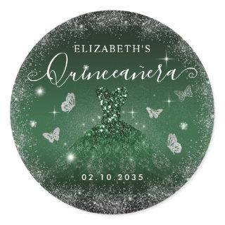 Chic Emerald Green Silver Glitter Gown Quinceañera Classic Round Sticker