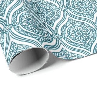 Chic Ethnic Ogee Pattern in Teal on White