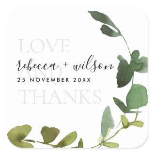 CHIC EUCALYPTUS WATERCOLOR LOVE AND THANKS WEDDING SQUARE STICKER