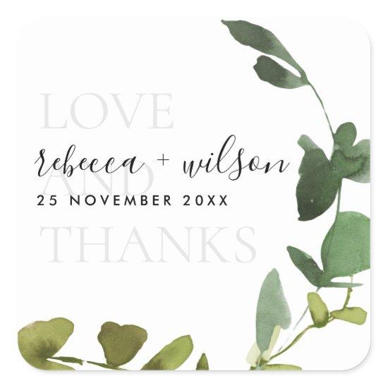 CHIC EUCALYPTUS WATERCOLOR LOVE AND THANKS WEDDING SQUARE STICKER