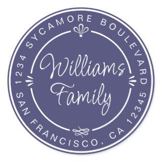 Chic Family Monogram Return Address Navy Blue Classic Round Sticker