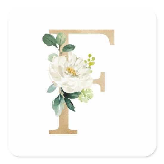 Chic Faux Gold Foil White Flower Letter F Monogram Square Sticker