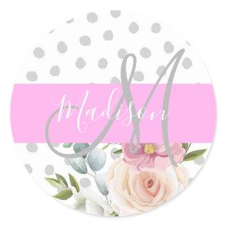 Chic & Girly Floral White Pink Gray Monogram Name Classic Round Sticker