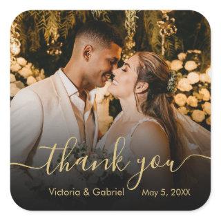 Chic Gold Black Script Wedding Thank You Photo Square Sticker