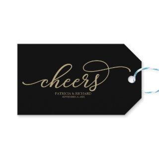 Chic Gold Script Cheers Black Wine Bottle Tags