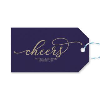 Chic Gold Script Cheers Navy Blue Wine Bottle Tags
