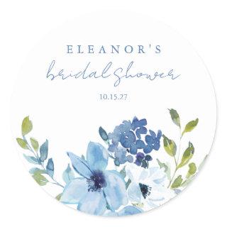 Chic Light Blue Watercolor Floral Bridal Shower  Classic Round Sticker