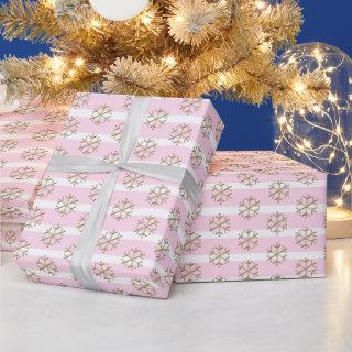 Chic light pink white gold stripes and snowflakes
