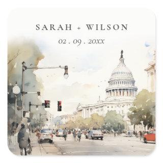 Chic Minimal Washington DC, USA Watercolor Wedding Square Sticker