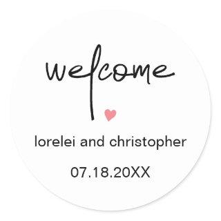 Chic Minimalist Font, Welcome & Heart Wedding Classic Round Sticker