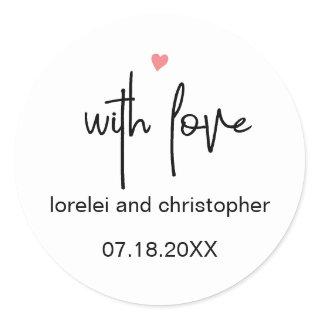Chic Minimalist Font, With Love & Heart Wedding Classic Round Sticker